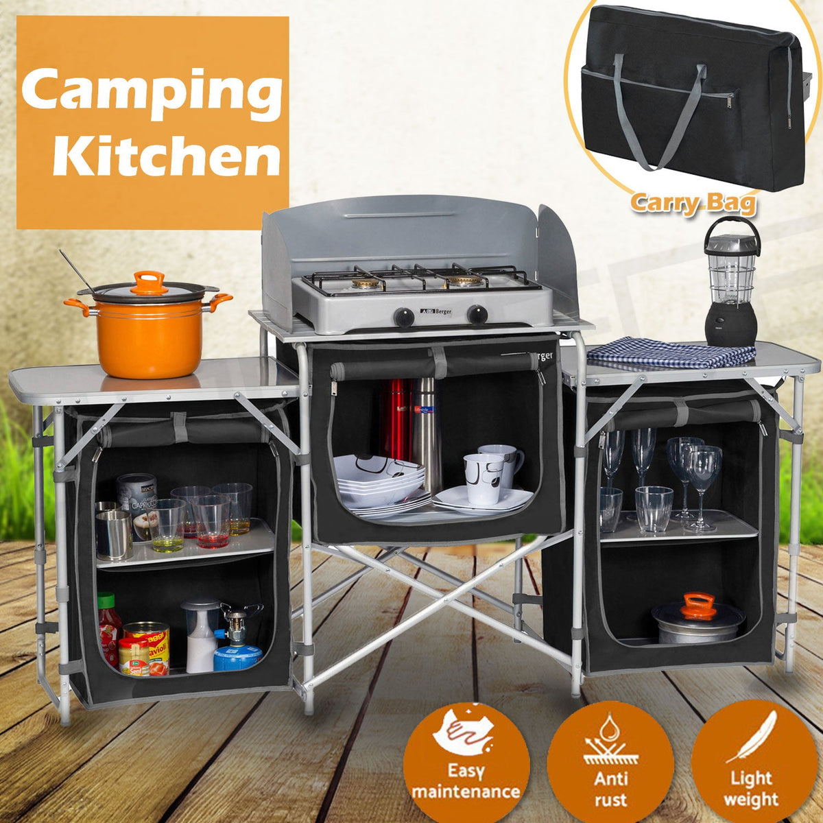 Berger Foldable Aluminium Camp Kitchen with Windshield, view 2
