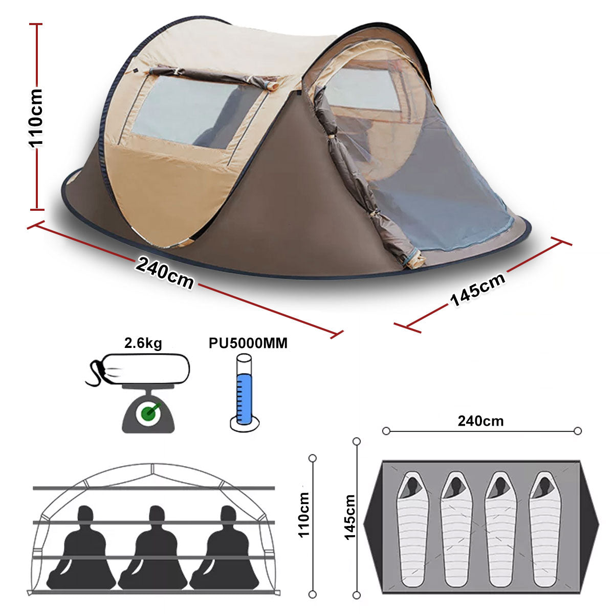 3-Person Instant Pop-Up Tent – Waterproof, view 5