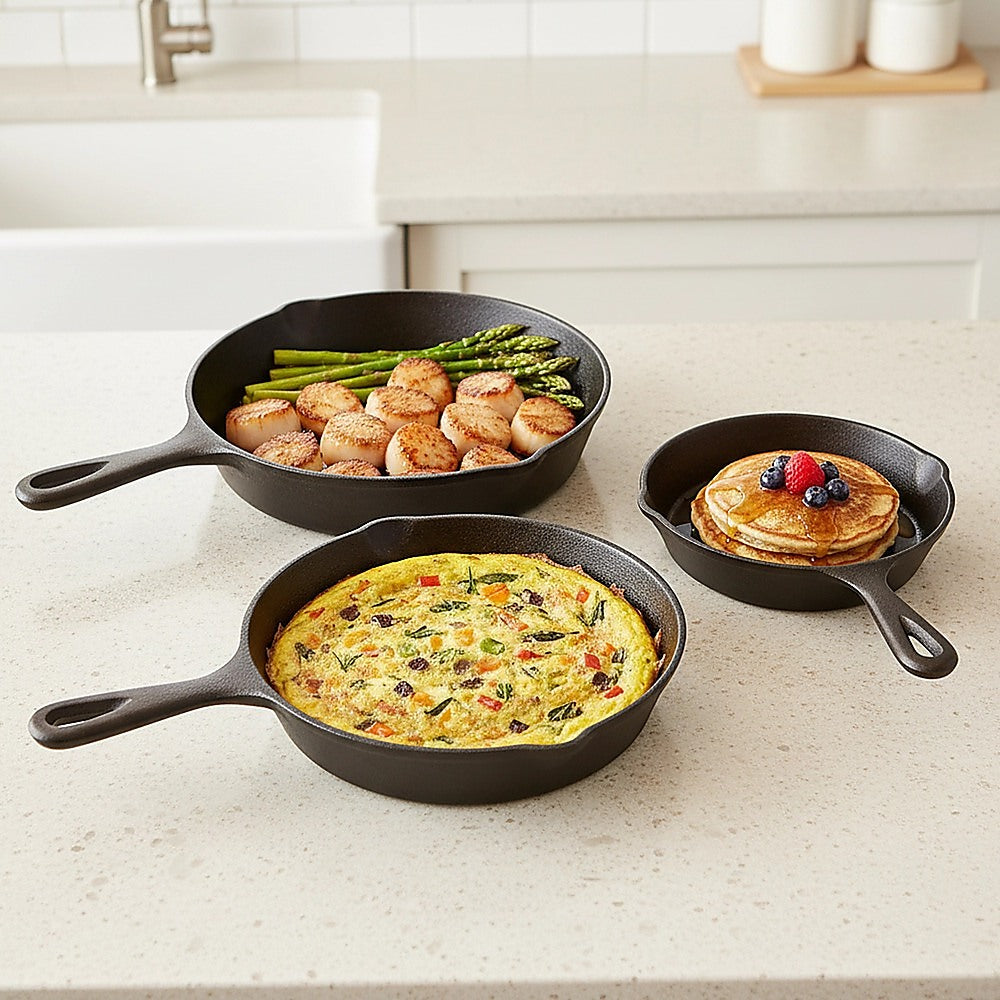 Randy & Travis 3-Piece Pre-Seasoned Cast Iron Skillet Set, view 5