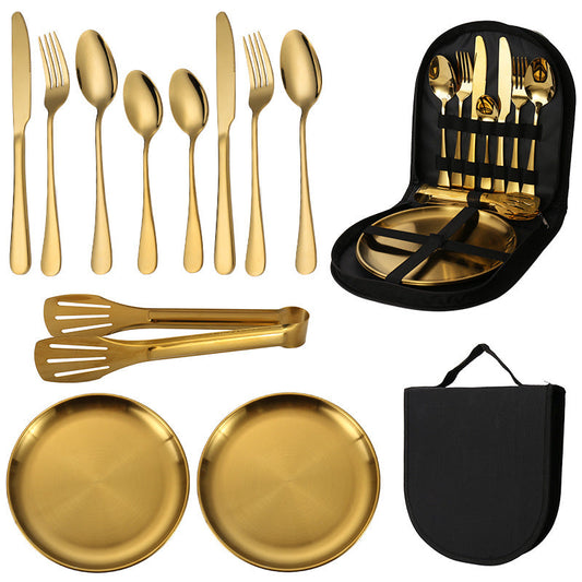 Gold Camping Cutlery Set with Plate & Teaspoon