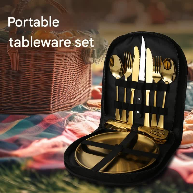 Gold Camping Cutlery Set with Plate & Teaspoon, view 2