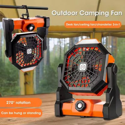Rechargeable Camping Fan with LED Light - Black Orange, view 5