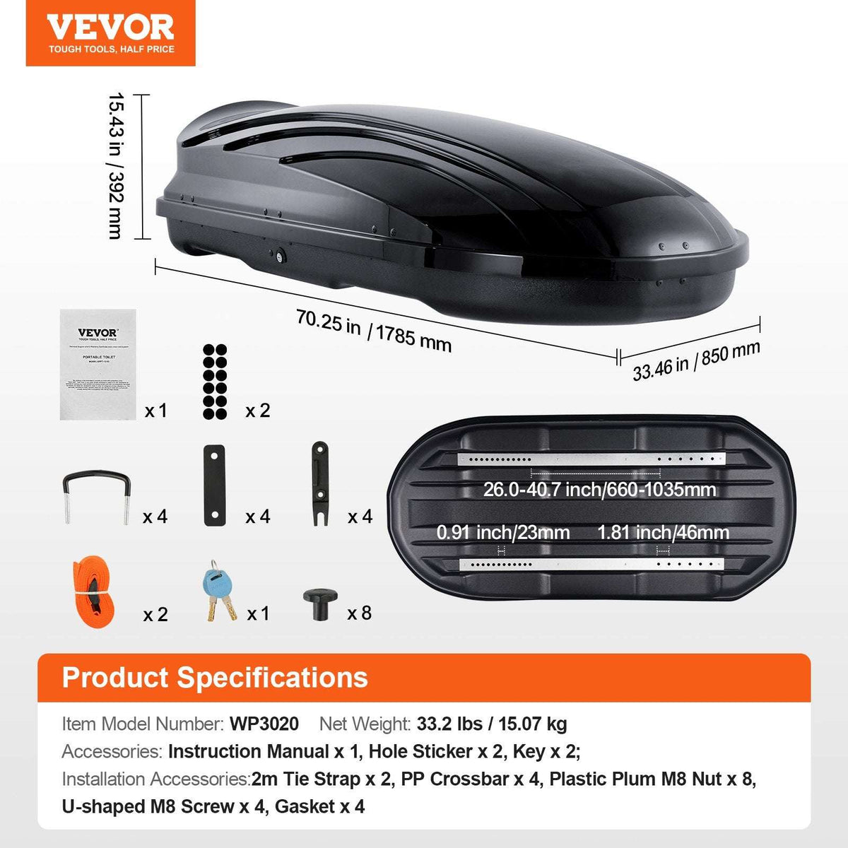 VEVOR Rooftop Cargo Box 340L ABS, view 7