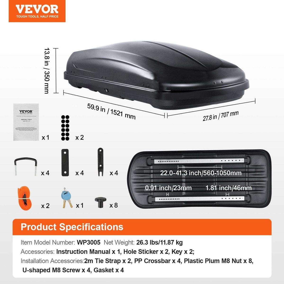 VEVOR Rooftop Cargo Box 220L ABS, view 7