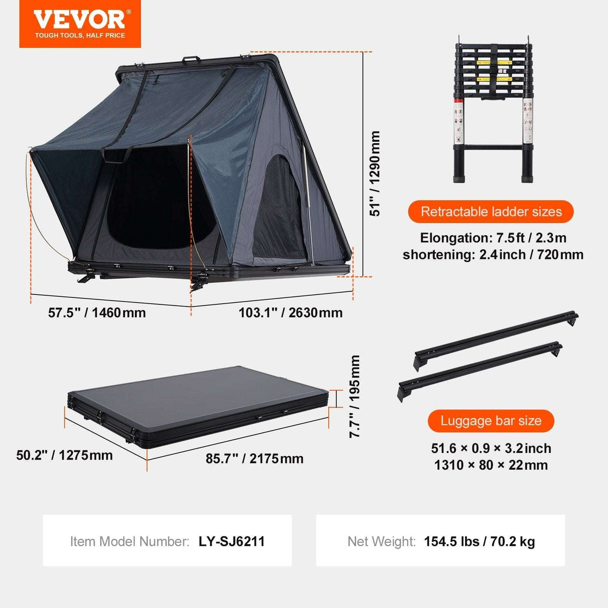 VEVOR Hard Shell Rooftop Tent – 2-3 Person, view 7
