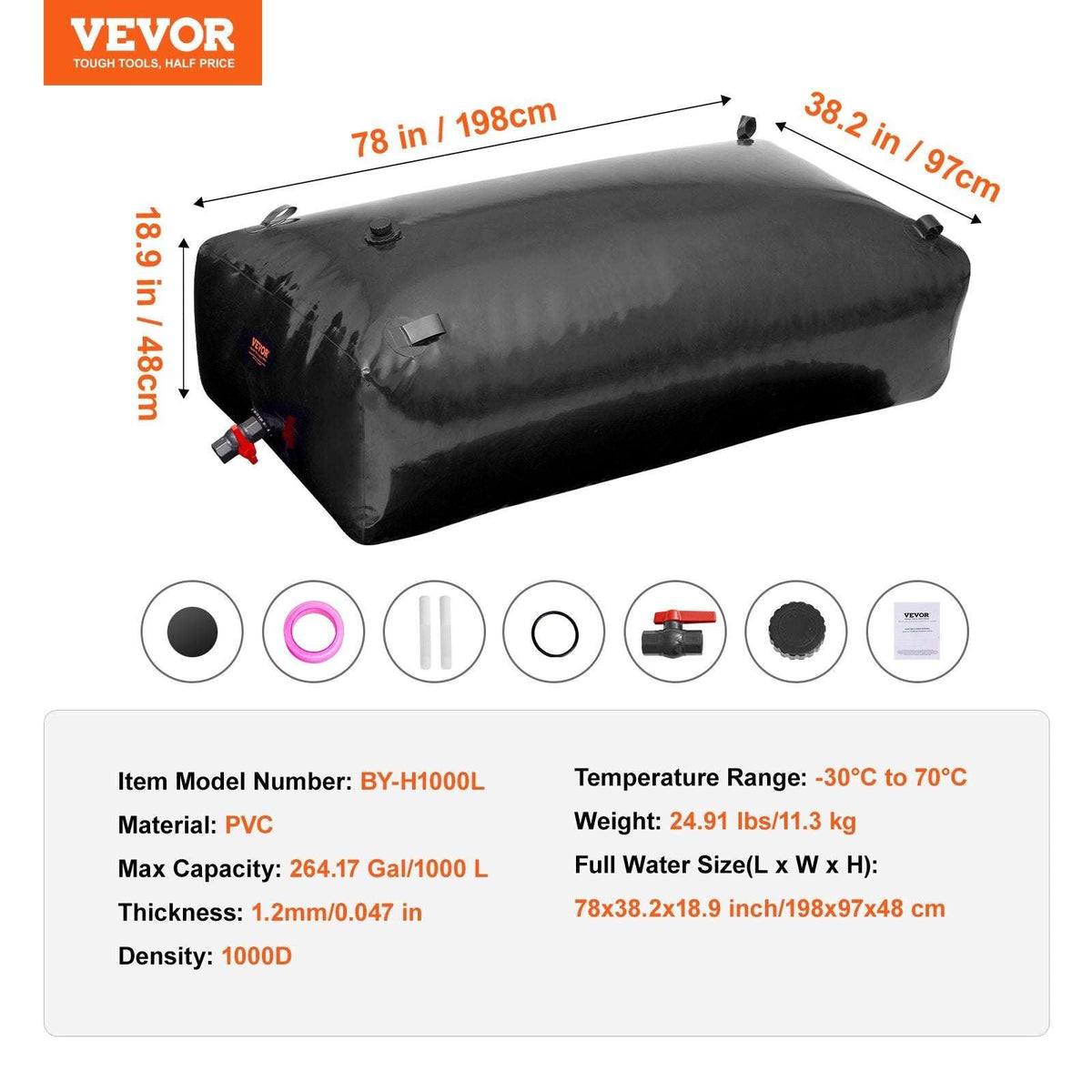 VEVOR Collapsible Water Storage Bladder 264 Gal, view 7