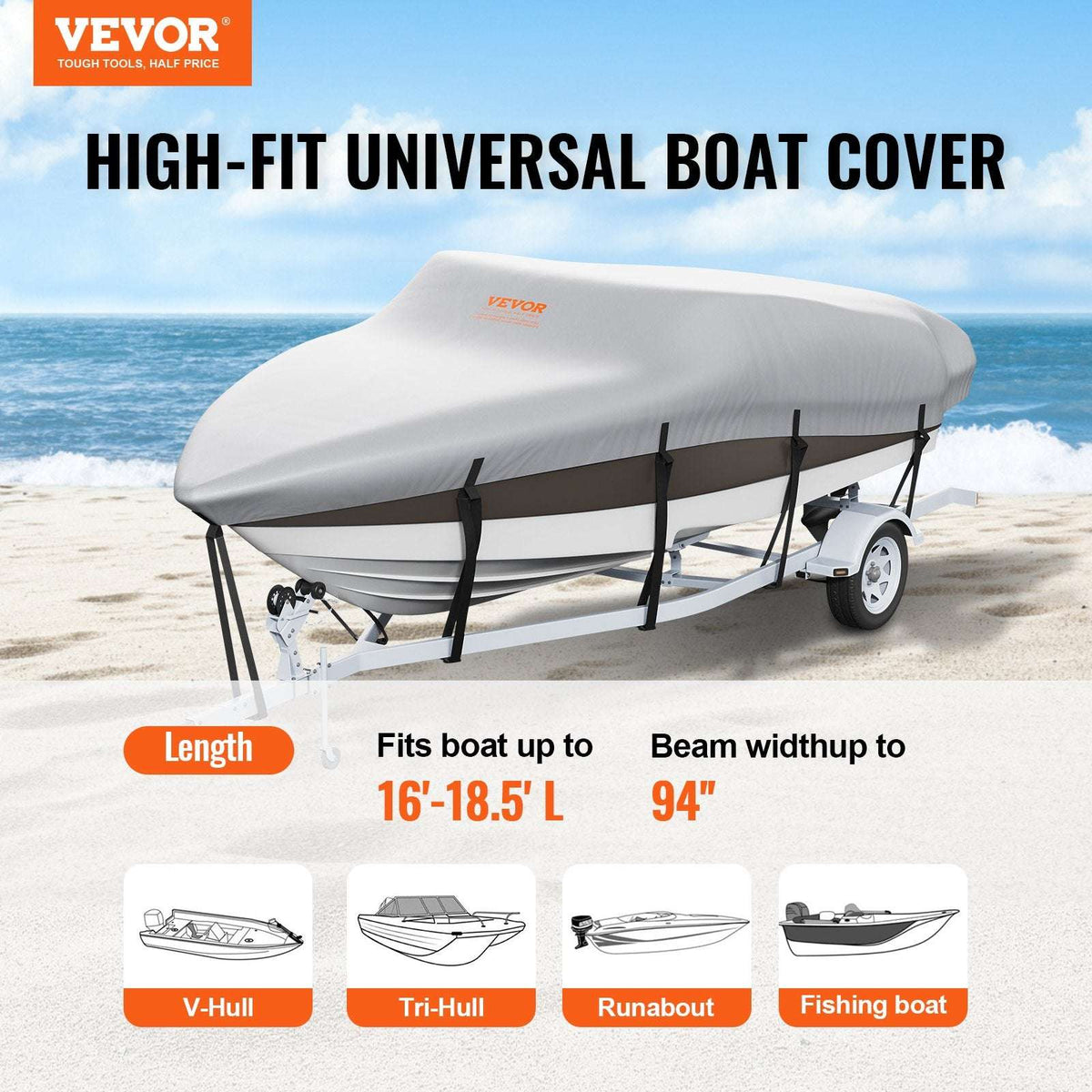 VEVOR Boat Cover 600D – Fits 16–18.5ft V-Hull & Runabout, view 2
