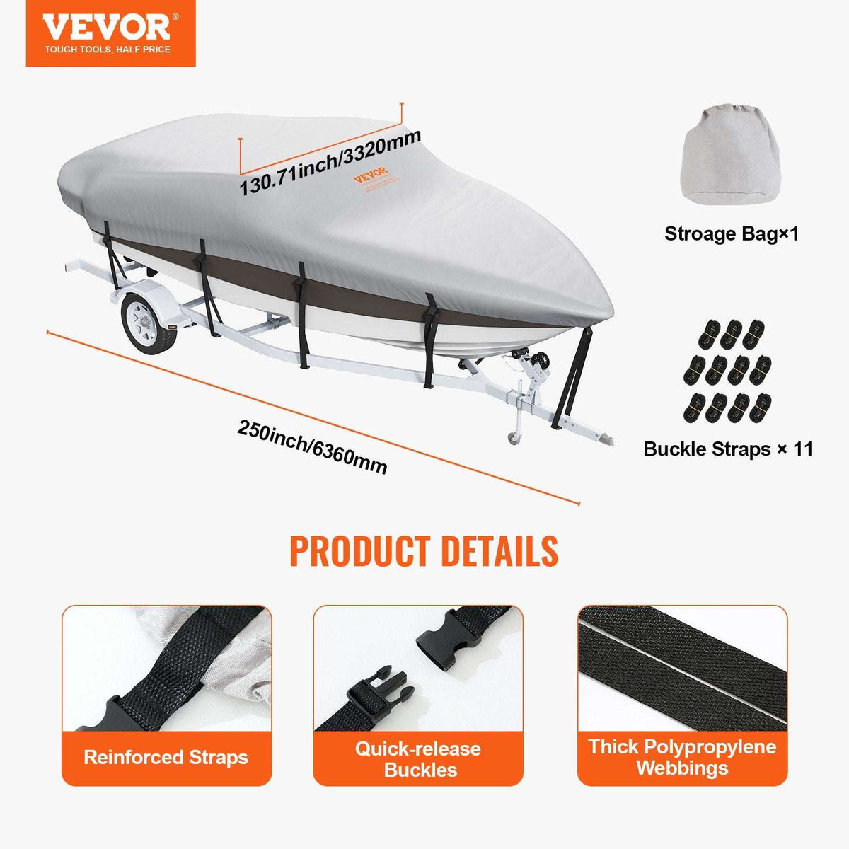 VEVOR Boat Cover 600D – Fits 16–18.5ft V-Hull & Runabout, view 7