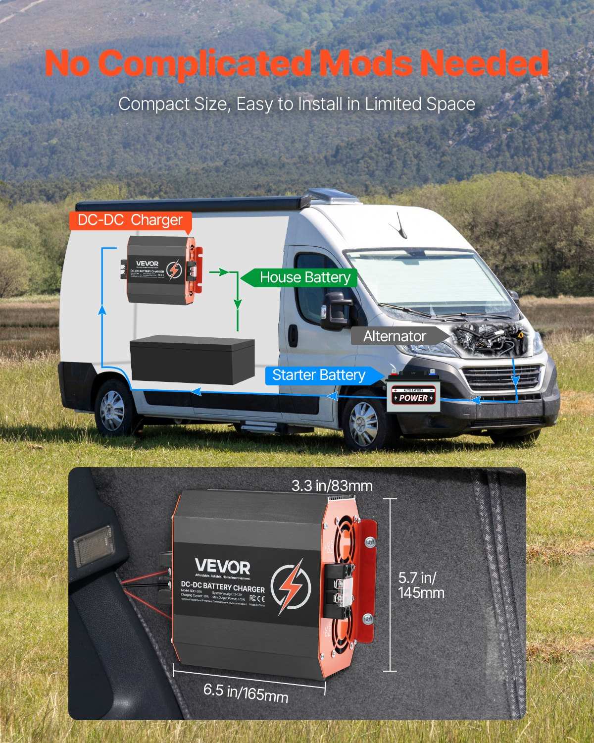 VEVOR 12V 30A DC-DC Battery Charger 375W, view 6