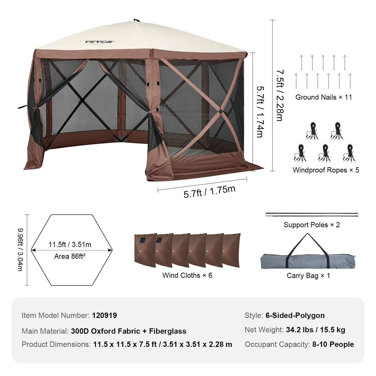 Pop-Up Screen Gazebo 11.5x11.5ft – 6 Sided with Mosquito Mesh, view 7