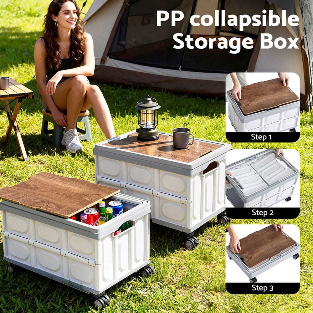 Gardeon 54L Collapsible Outdoor Storage Box with Wheels and Plywood Lid, view 5