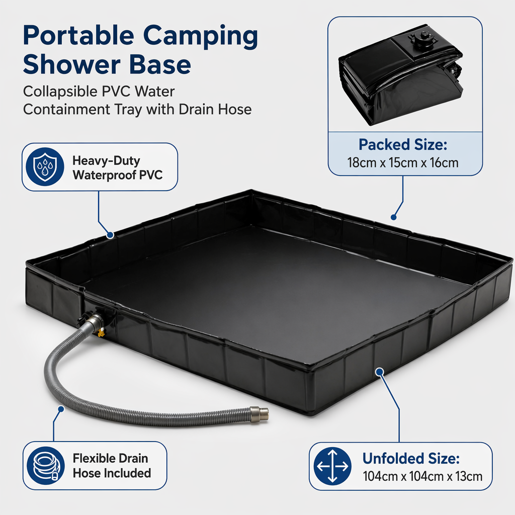 Portable Camping Shower Base - Collapsible PVC Water Containment Tray with Drain Hose, view 2